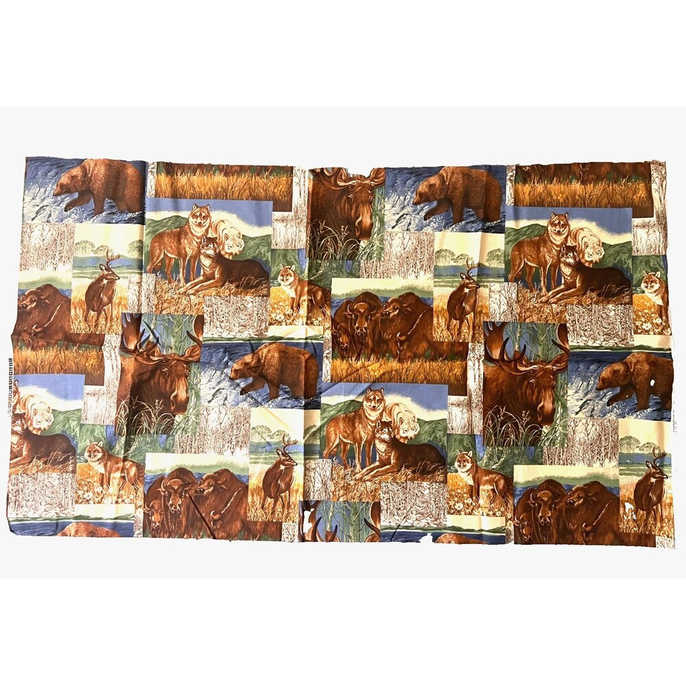 Vtg VIP Cranston Wildlife Cotton Quilting Fabric 44"x51" Wolves Buffalo Grizzly
